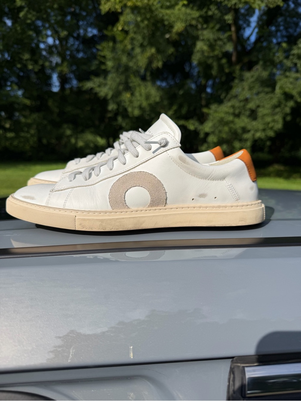 Oliver Cabell White Leather Low-Top Sneakers with Orange Heel